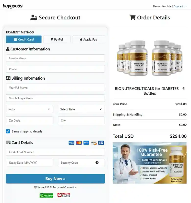 Secure Bionutraceuticals checkout and payment process